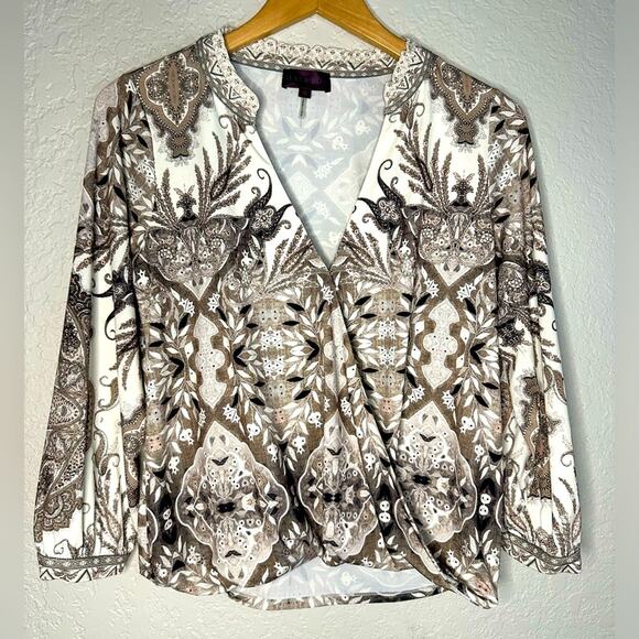 Hale Bob Jersey Wrap Top Brown Paisley Stretchy Ruffle Y2K Neutral Vacation Fall - Picture 1 of 8